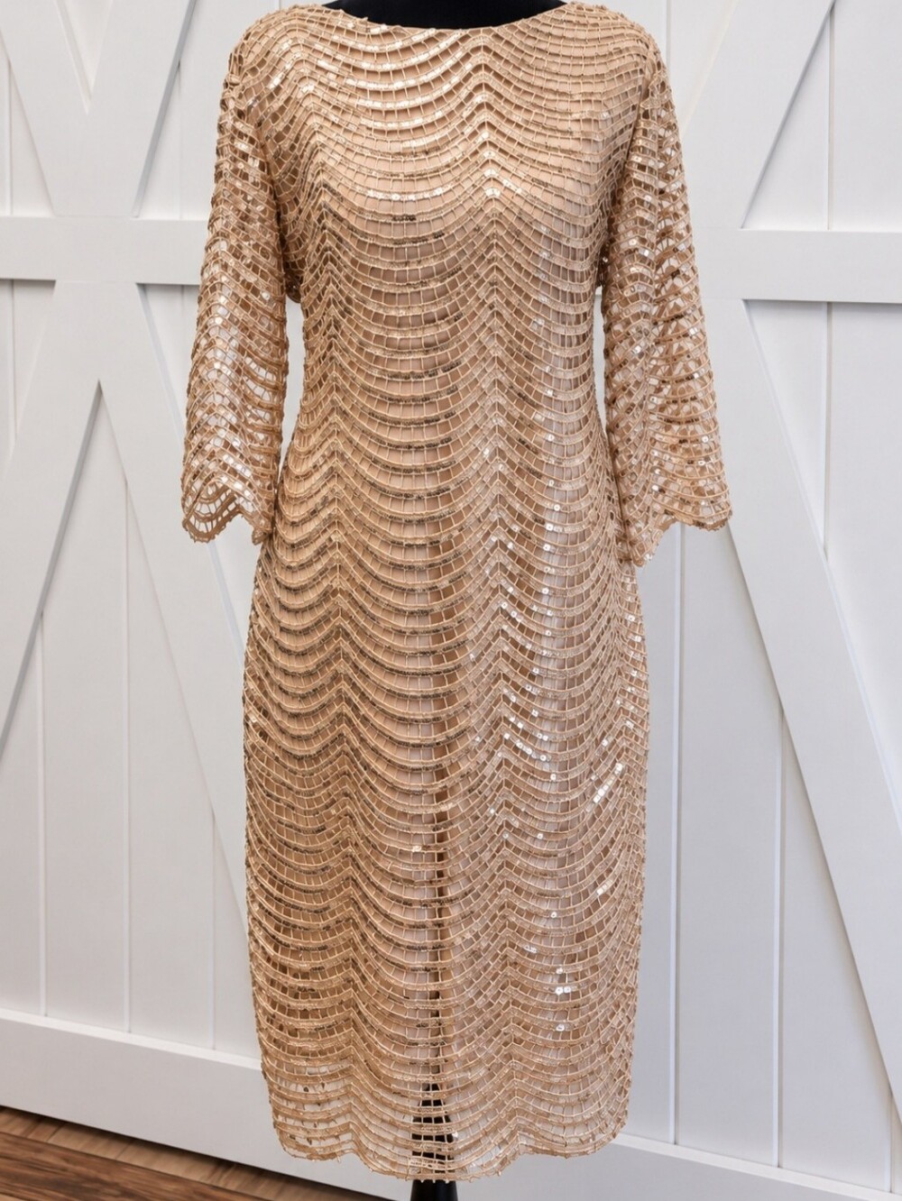 Champagne Gold Sequin Dress 2XL Crochet Midi Cocktail Wedding Guest Party
